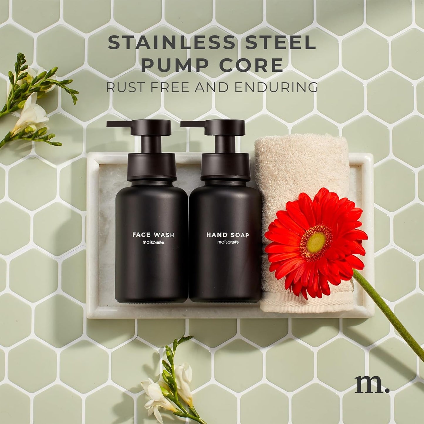 MaisoNovo Glass Foaming Soap Dispenser 14 Oz | Black Glass Black Pumps x 2