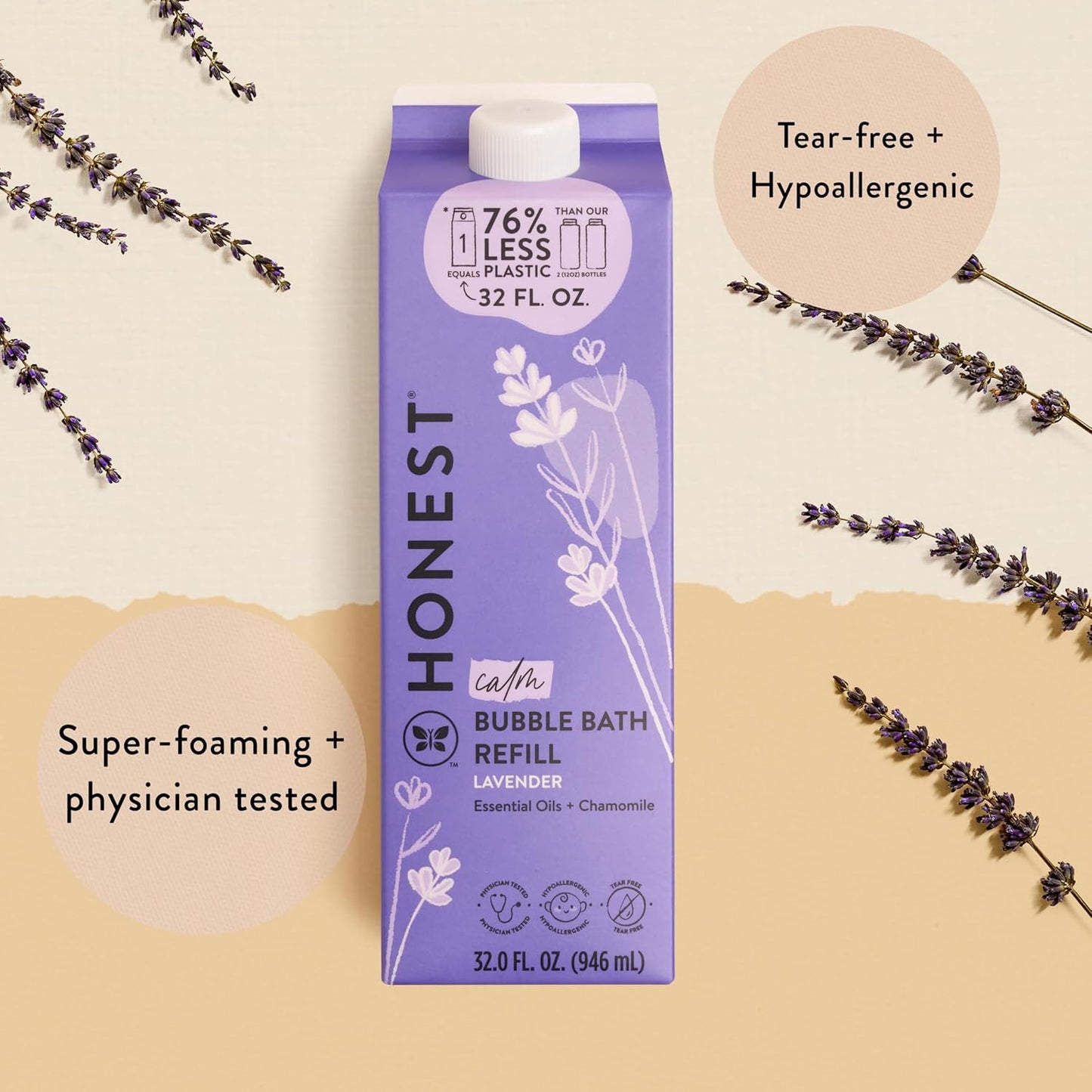 The Honest Company Foaming Bubble Bath Refill Carton | Gentle for Baby | Naturally Derived, Tear-Free, Hypoallergenic | Lavender Calm, 32 fl oz