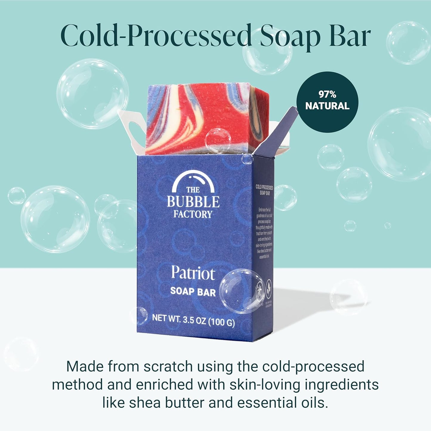 The Bubble Factory Handmade Soap, All Natural Soap for Women & Men, Hand, Bath & Body Natural Bar Soap, Vegan, Palm Oil Free, Made in USA with Shea Butter + Essential Oils, Patriot, Single