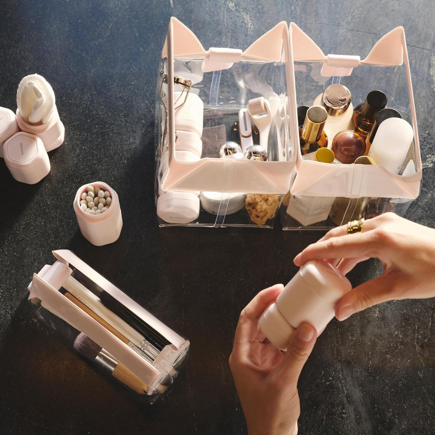 Cadence Travel Containers - Core Skincare Set - Magnetic Containers with Lids,2 Small (0.56oz) & 3 Medium (1.32oz) - Cleanser, Moisturizer, Serum, Makeup Remover & Sun Icon Labels - Charcoal