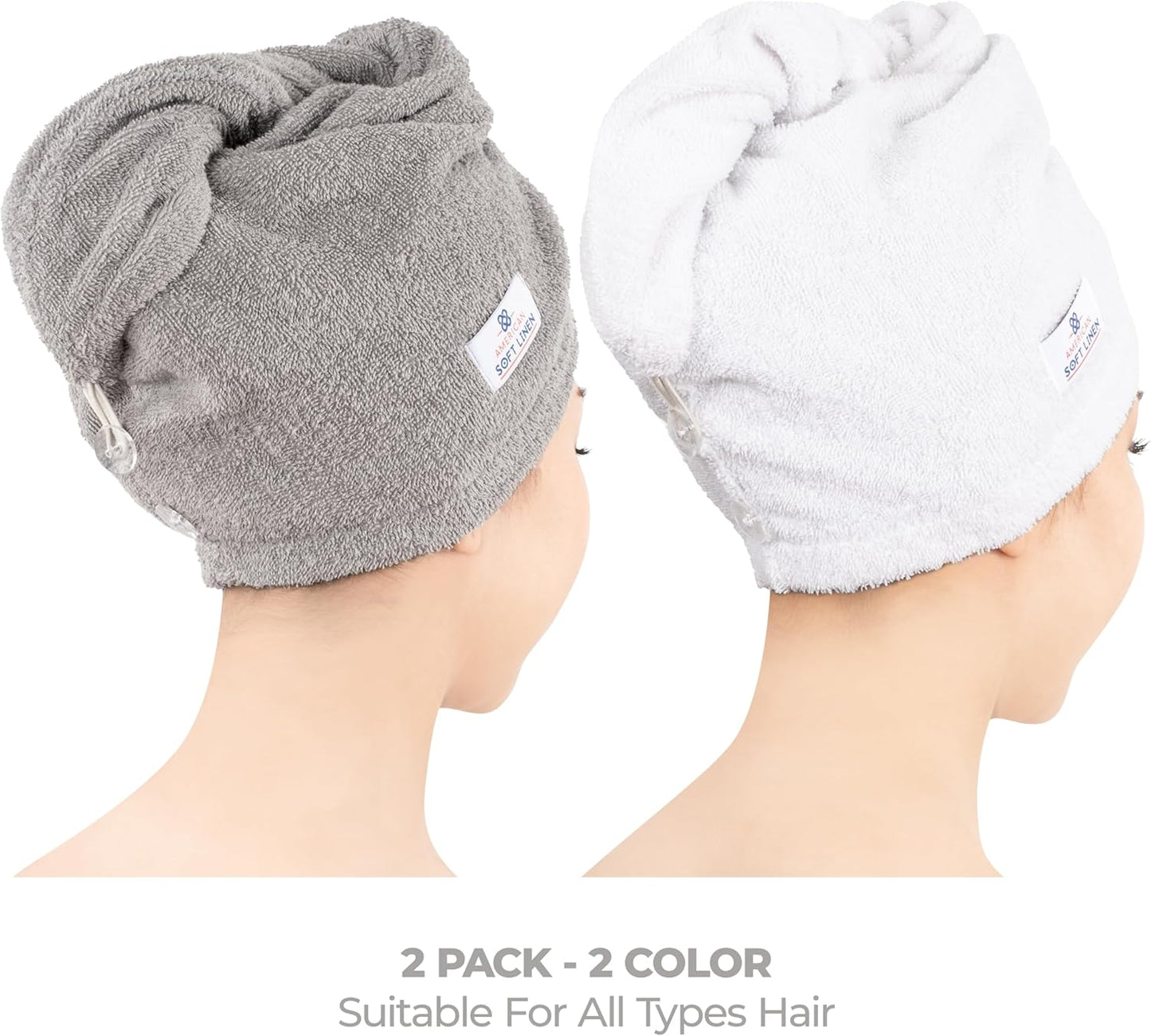 American Soft Linen 100% Cotton Hair Towels for Women, Head Towel Cap, Cotton Hair Turban Towel Wrap for Hair, Soft and Absorbent Cotton Hair Towels 2 Pack, White-Light Gray