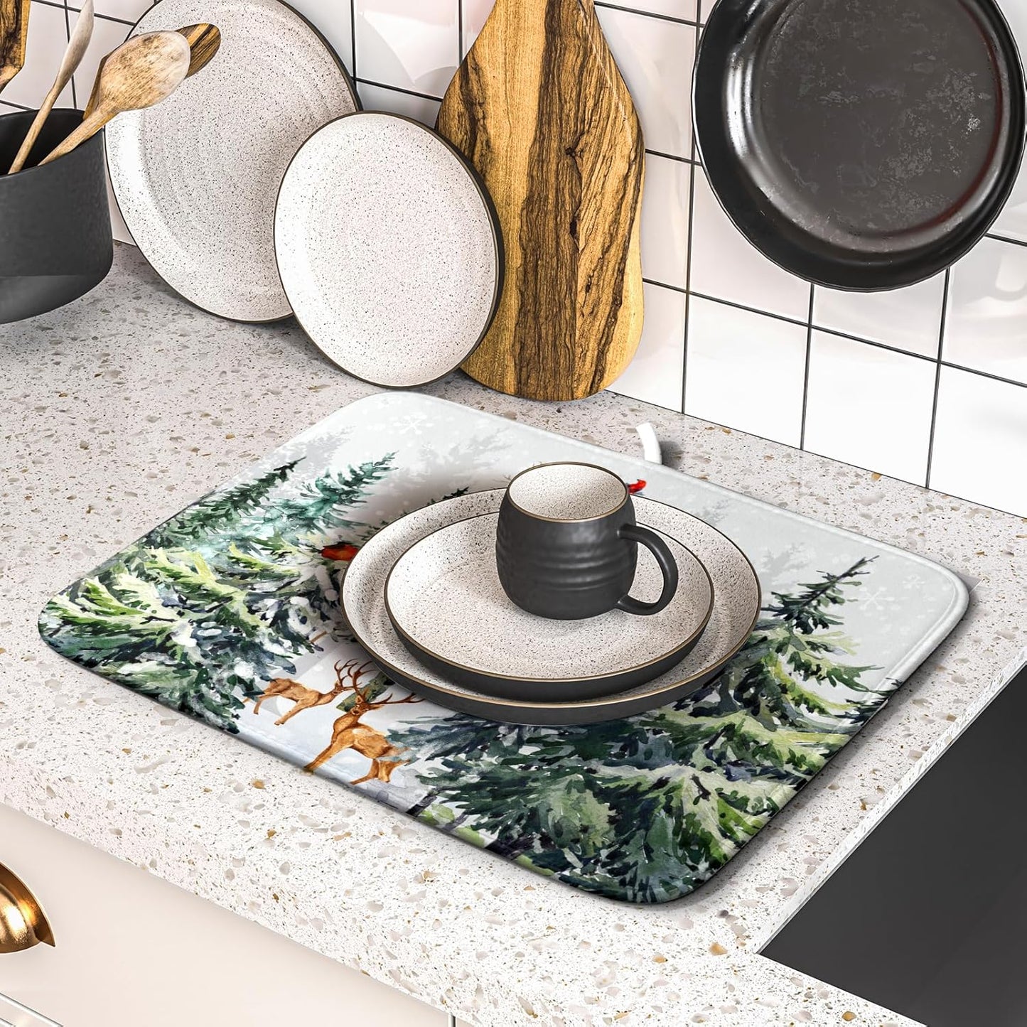 Pine Tree Dish Drying Mat for Kitchen Counter 16x18 Inch Forest Deer Absorbent Dishes Drainer Mats Reversible Microfiber Quick Dry Rack Pad