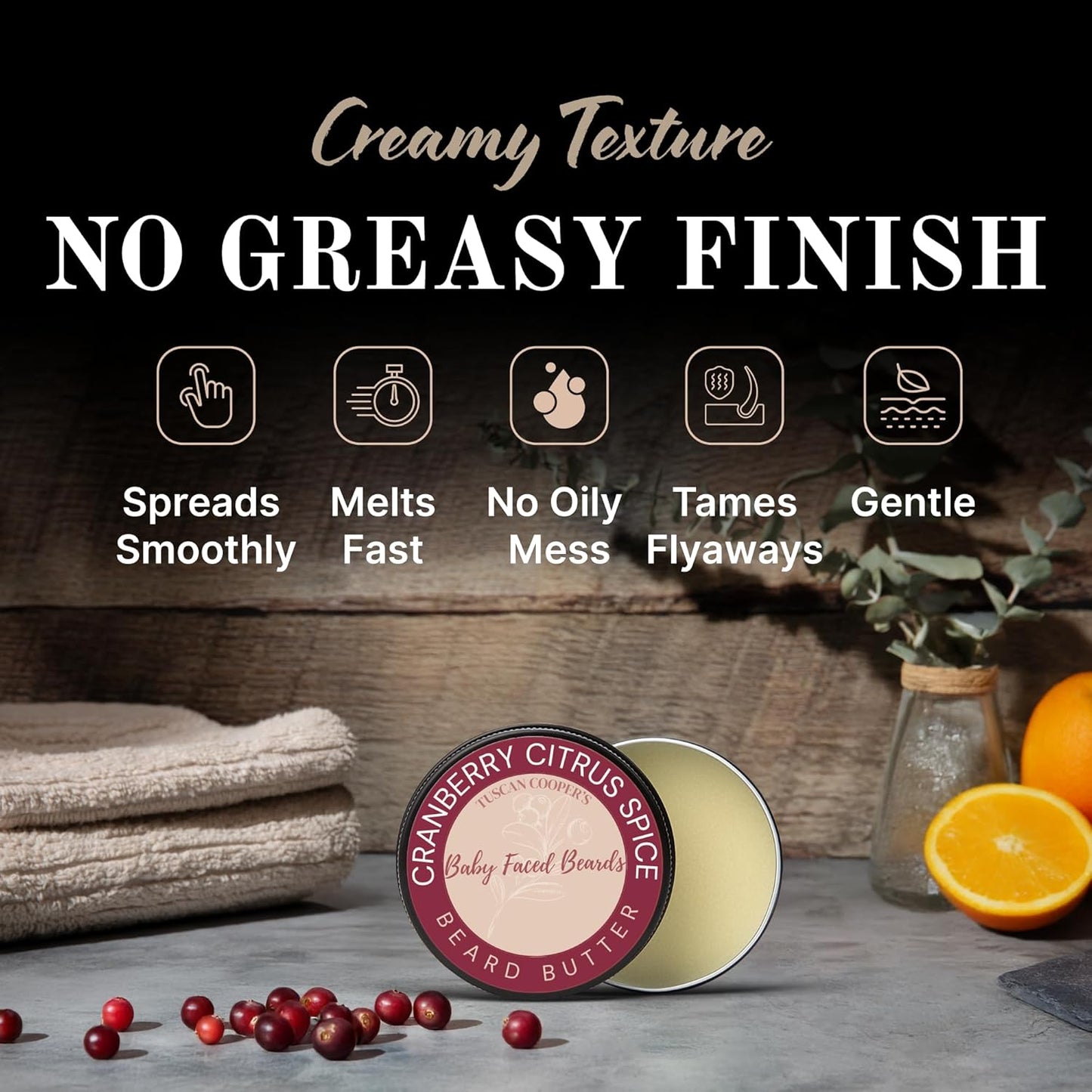 Tuscan Cooper's Baby Faced Beards Butter for Men - Moisturizing Beard Balm Cream and Softener for All Hair Types Including Coarse Hair - 4oz Hydration and Conditioning Care - Cranberry Citrus Spice