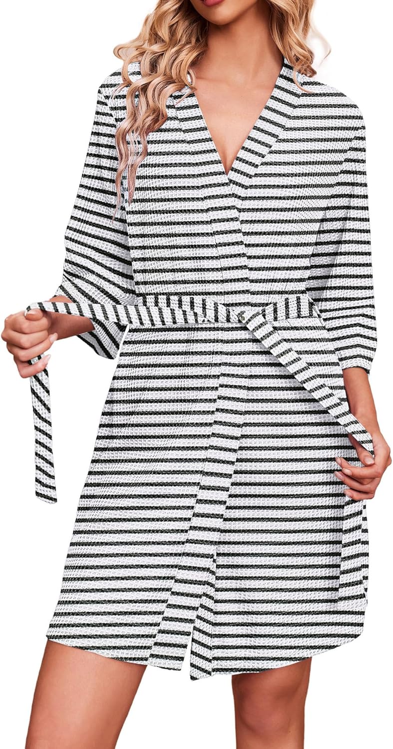 Ekouaer Robes for Women Waffle Knit Bathrobe Soft Lightweight Knee Length Loungewear S-XXL