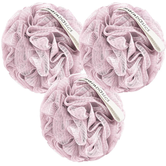 MainBasics Bath Shower Loofah Sponge Pouf Body Scrubber Exfoliator Body Wash Sponge (Set of 3, Perfectly Pink)