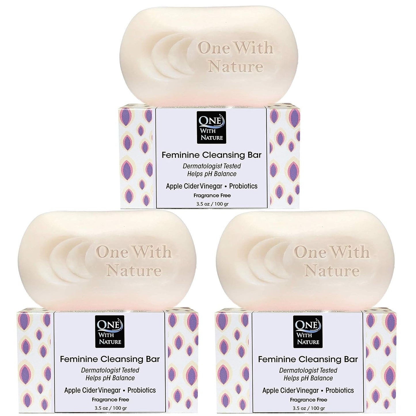 One With Nature Feminine Cleansing Bar 3Pack 3.5oz Fragrance-Free Soap Bar, Dermatologist Tested, Probiotics, Apple Cider Vinegar, Omega Fatty Acids, Oatmeal, Gentle Cleanser for Face, Body