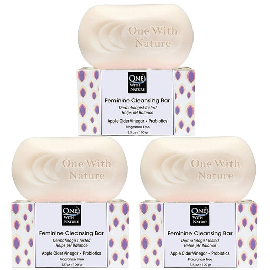 One With Nature Feminine Cleansing Bar 3Pack 3.5oz Fragrance-Free Soap Bar, Dermatologist Tested, Probiotics, Apple Cider Vinegar, Omega Fatty Acids, Oatmeal, Gentle Cleanser for Face, Body