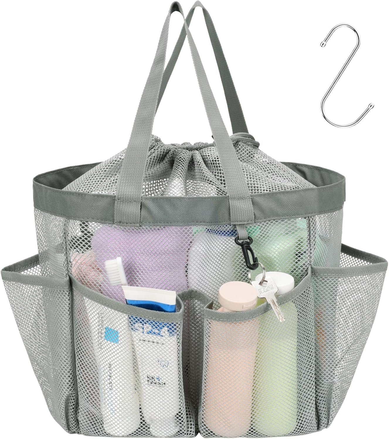 F-color Mesh Shower Caddy Portable with Drawstring - Upgrade Deeper 7 Pockets Dorm Room Essentials for Guys Girls with S Hook, Shower Bag Basket Tote for College Camping Toiletry Bathroom, Grey