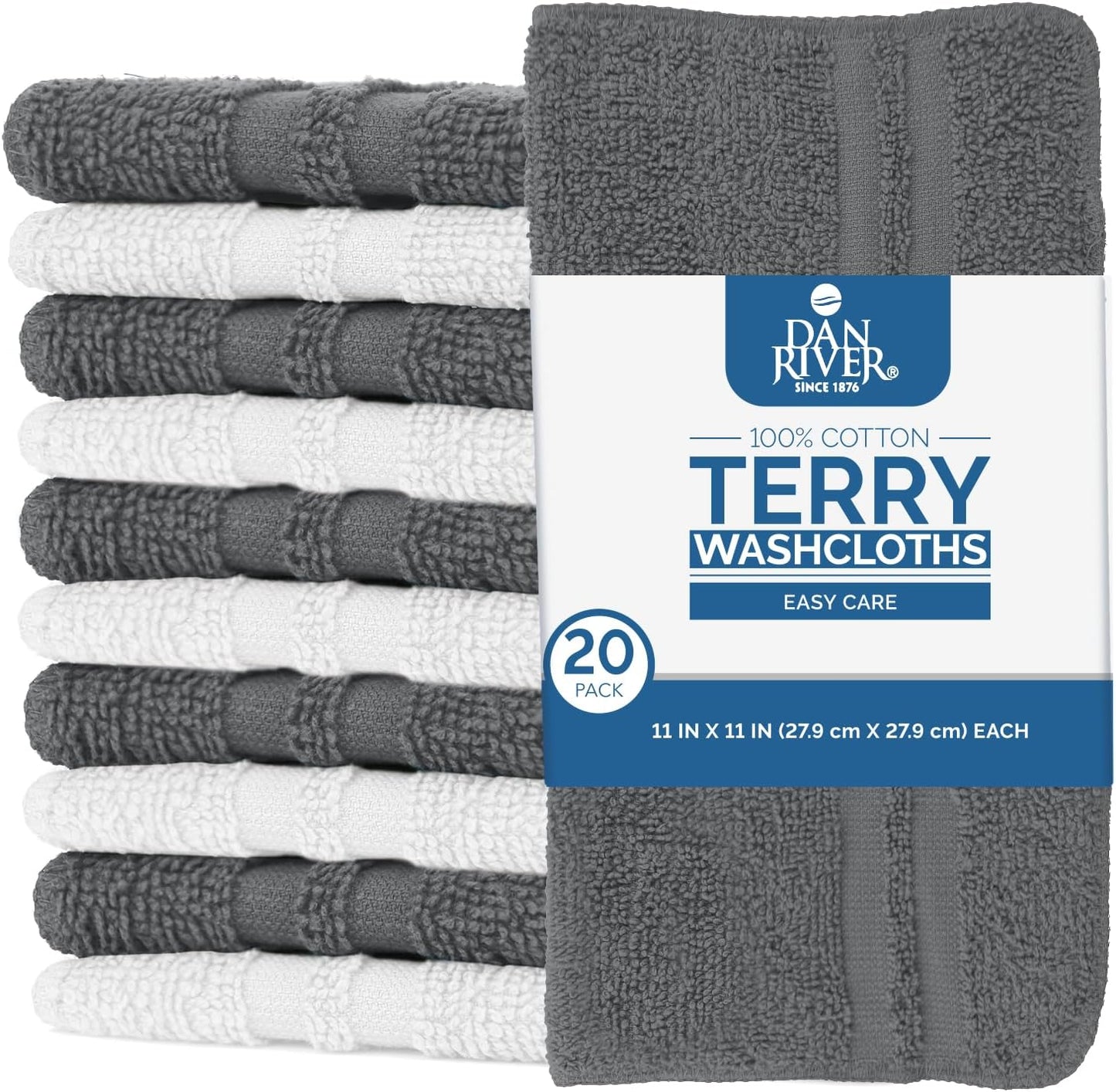DAN RIVER 100% Cotton Washcloths 20 Pack Premium Quality Face and Body Cloth, Quick Dry Essential Towels for Bathroom, Hand, Kitchen & Cleaning, Baby Rugs | 11X11 in | 400 GSM | Grey + White
