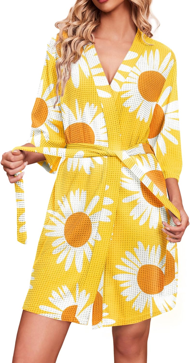 Ekouaer Robes for Women Waffle Knit Bathrobe Soft Lightweight Knee Length Loungewear S-XXL