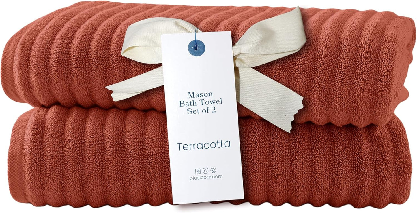 Blue Loom Ribbed Bath Towels Set, 100% Cotton 600 GSM, Soft Absorbent Durable Quick Drying 2 Bath Towels for Bathroom - Mason Set of 2 Terracotta Red (58" x 30" Inch)