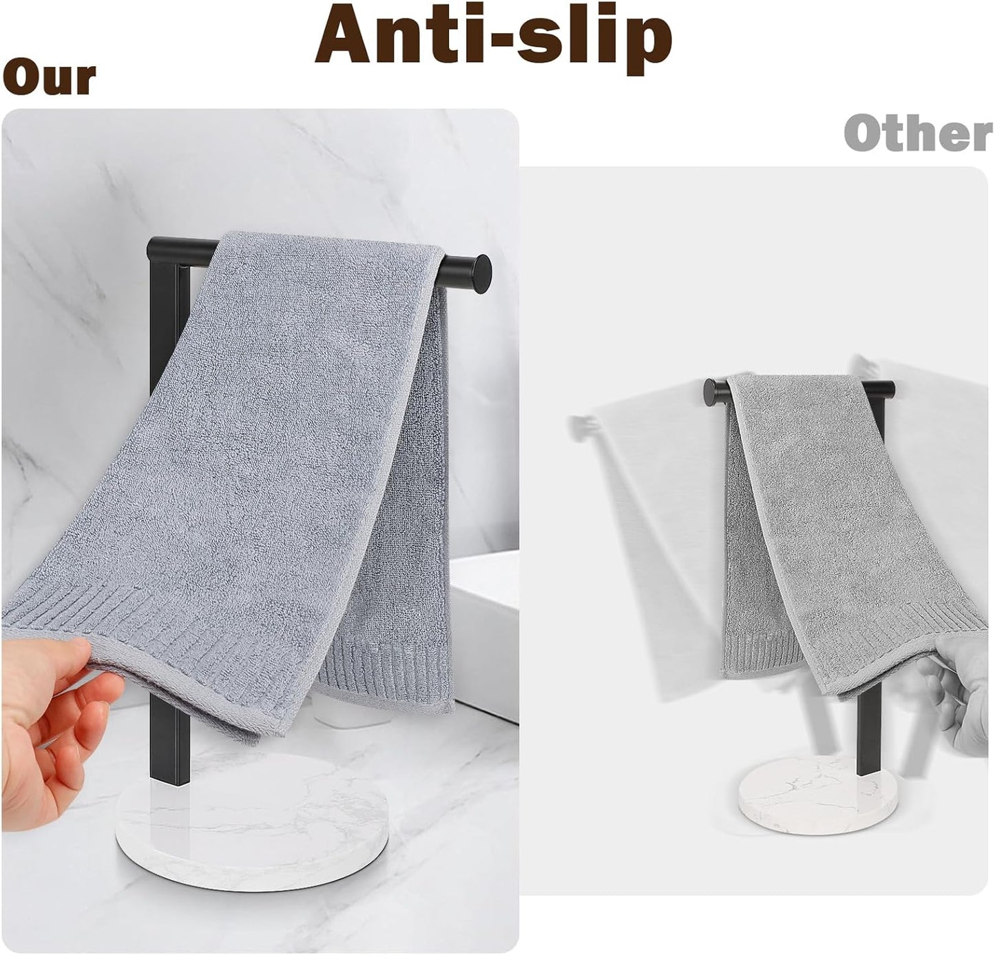 Hand Towel Holder Stand for Bathroom, L- Shaped Standing Hand Towel Rack, Towel Bar Kitchen Vanity Countertop Organizer, Metal Material (Marble Base,14' H Matte Black)