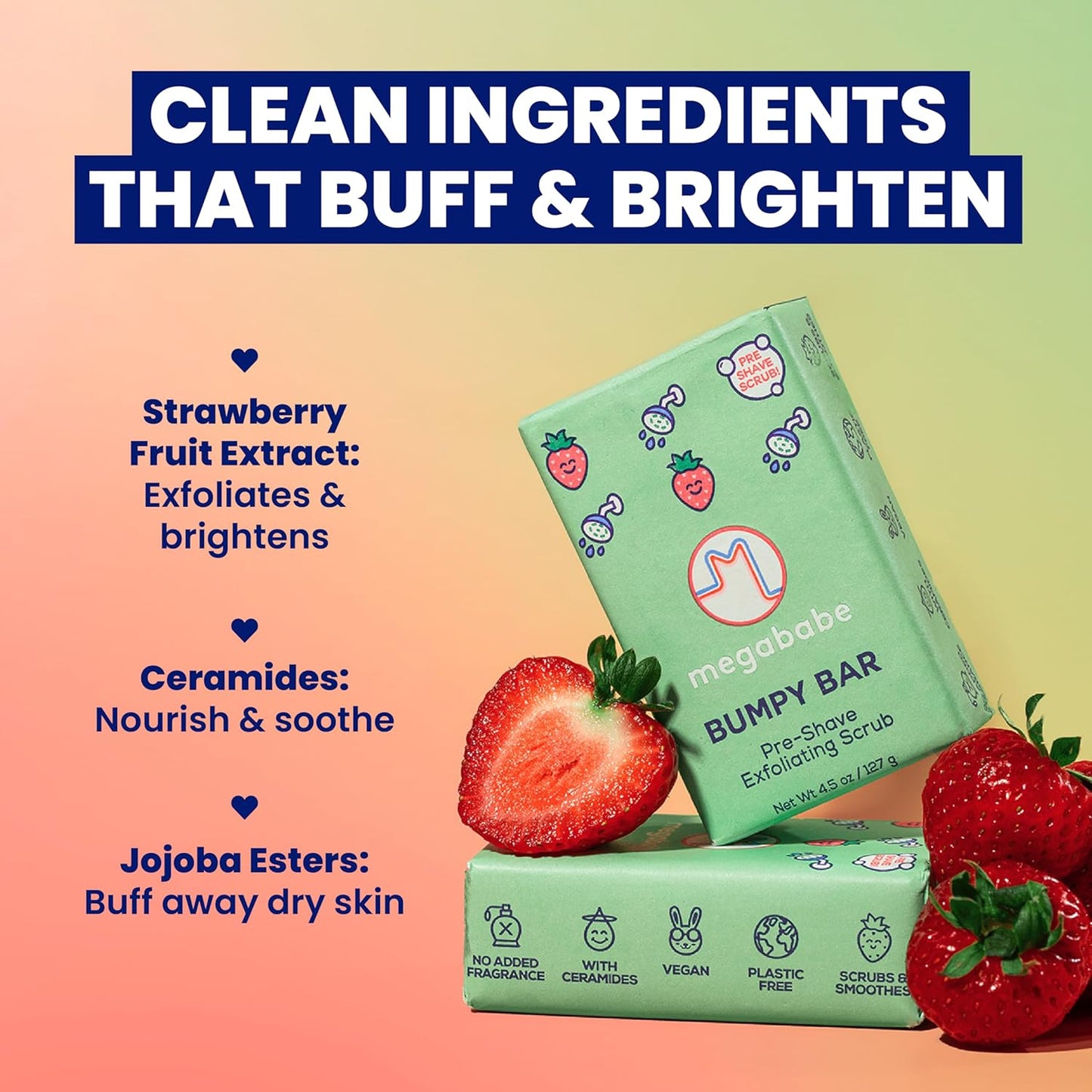 Megababe Bumpy Bar | Pre-Shave Exfoliating Scrub | with Shea Butter, Strawberry Fruit Extract & Ceramides | 4.5 oz