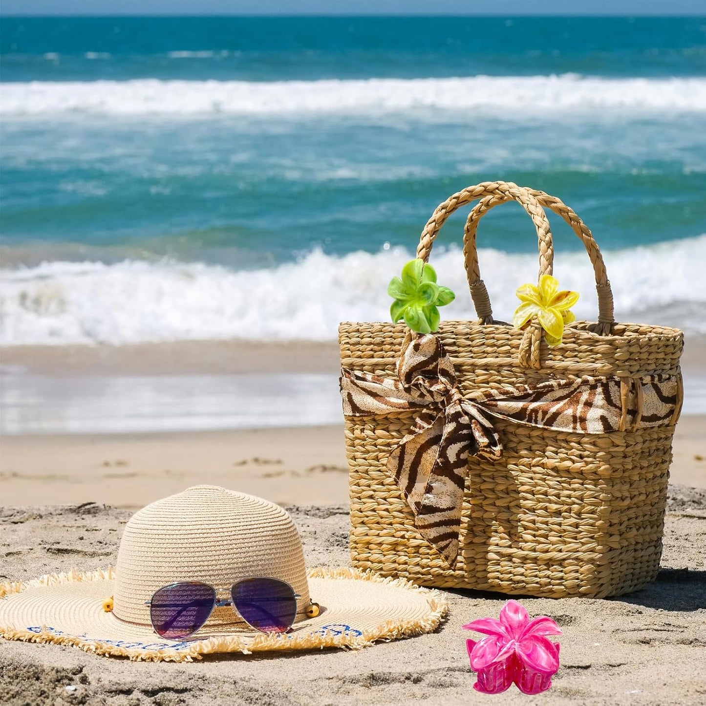 Flower Hair Claw Clips for Women, 8 Pack Hawaiian Plumeria Claw Clips for Thick Thin Hair, Large Nonslip Hair Accessories for Women Girls Gifts(Marbling-8 Colors)