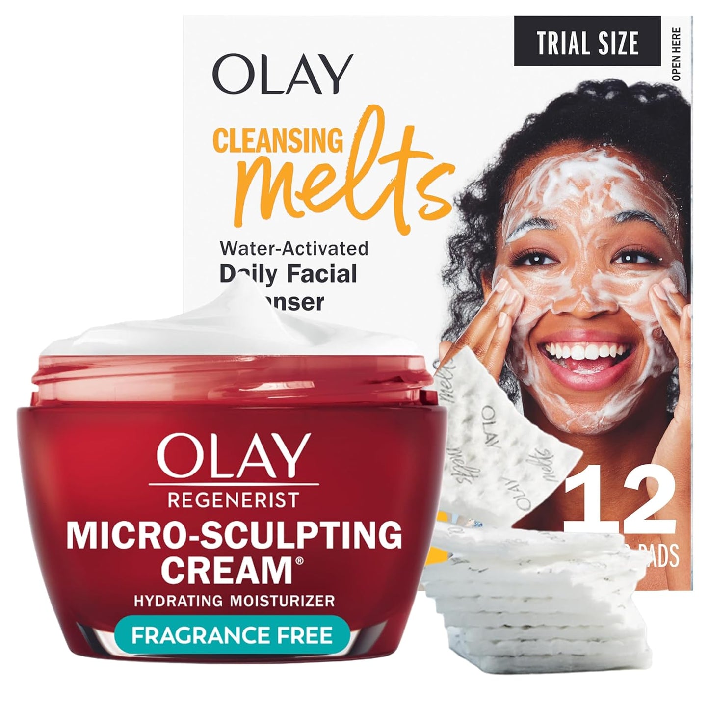 Olay Face Moisturizer, Regenerist Micro-Sculpting Cream for Women, Fragrance-Free - Hydrating, Anti-Aging Skin Care (1.7 oz) & Trial Size Vitamin C Cleansing Melts, Water-Activated Face Wash (12 ct)