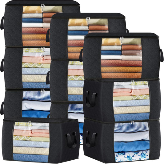 Fab totes 24 Gallons Clothes Storage, Foldable Thick Fabric Blanket Storage Bags, Containers for Organizing Bedroom, Closet, Clothing, Comforter, Organization with Handle (10 Pack,Black)