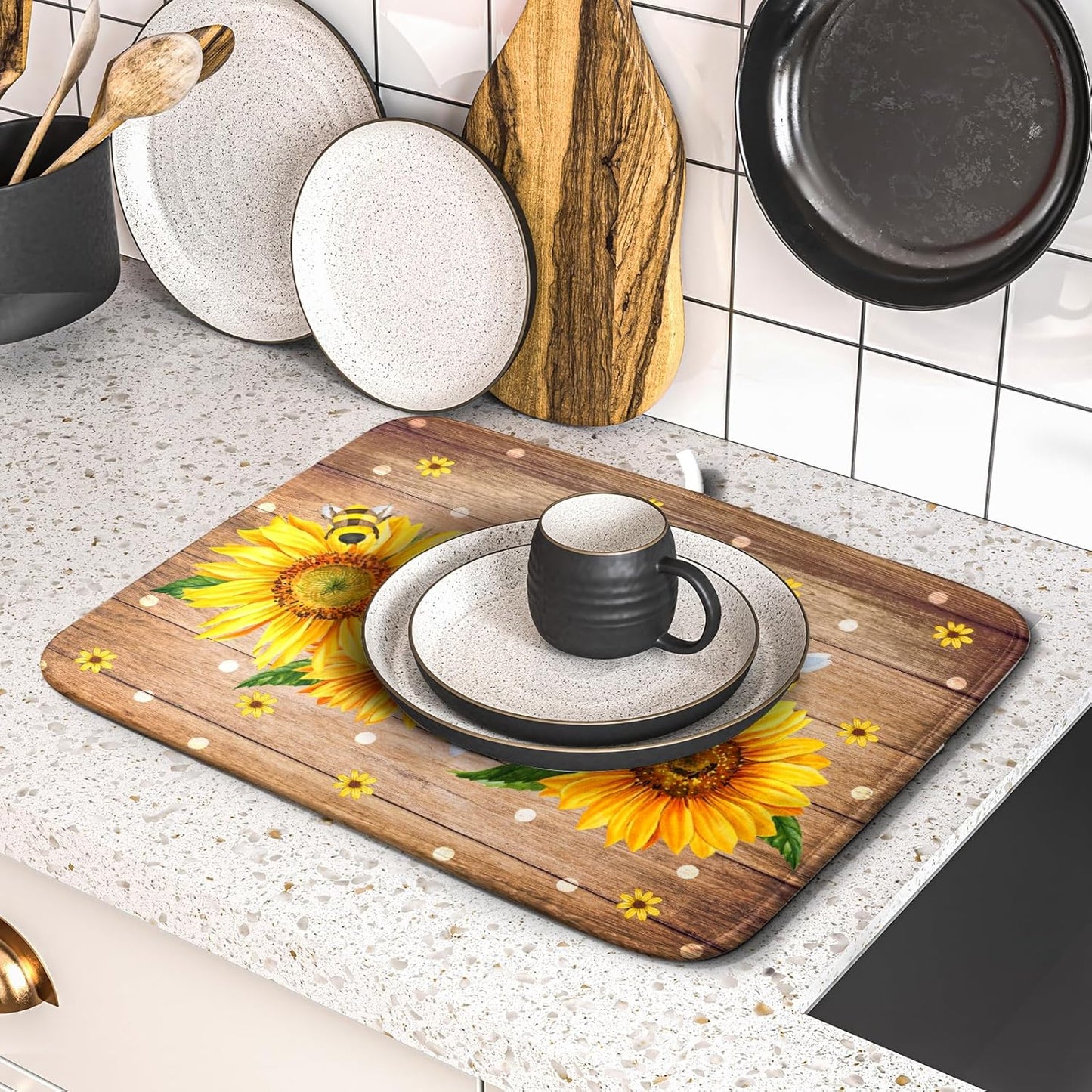 Sunflower Bee Dish Drying Mat for Kitchen Counter Home 16x18 Inch Wood Barn Microfiber Drainer Rack Mats Washable Absorbent Dish Dry Pad