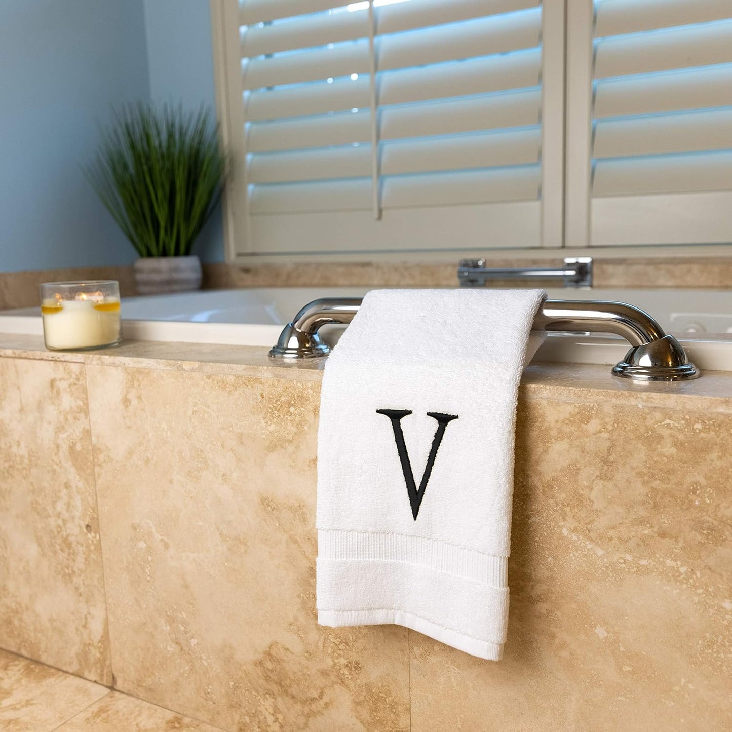 Black Initial Hand Towel for Bathroom - Monogrammed Luxury Hotel Quality Decorative Embroidered Towel for Powder Room, Spa - GOTS Organic Certified - Set of 2 Letter V