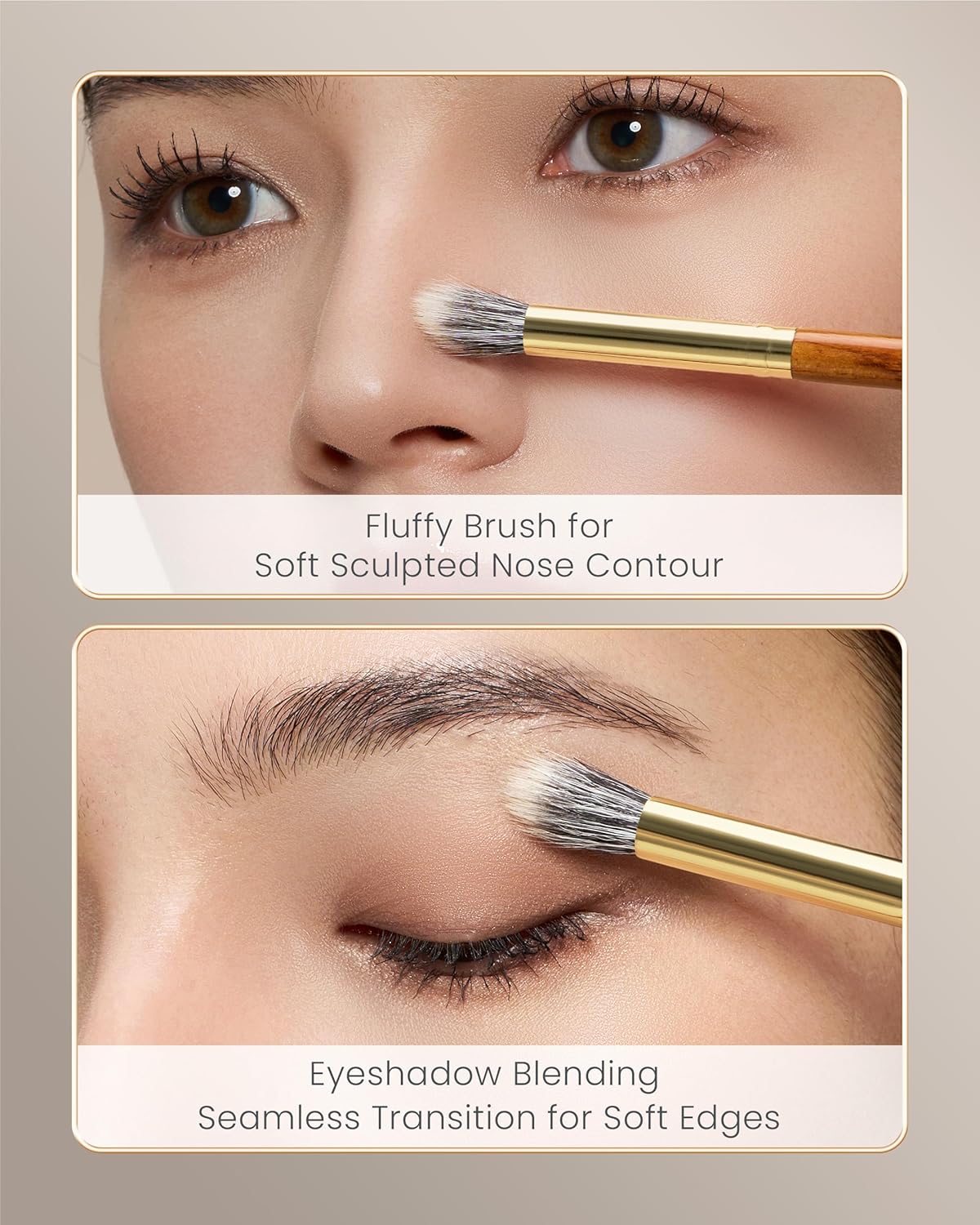 Desert Oak Series Stippling Brush - Dual-Length White & Gray LambsGoat Hair Bristles, Sloped Edge for Cream/Powder Perfection, Ebana Handle & Brass Ferrule (CM 168)