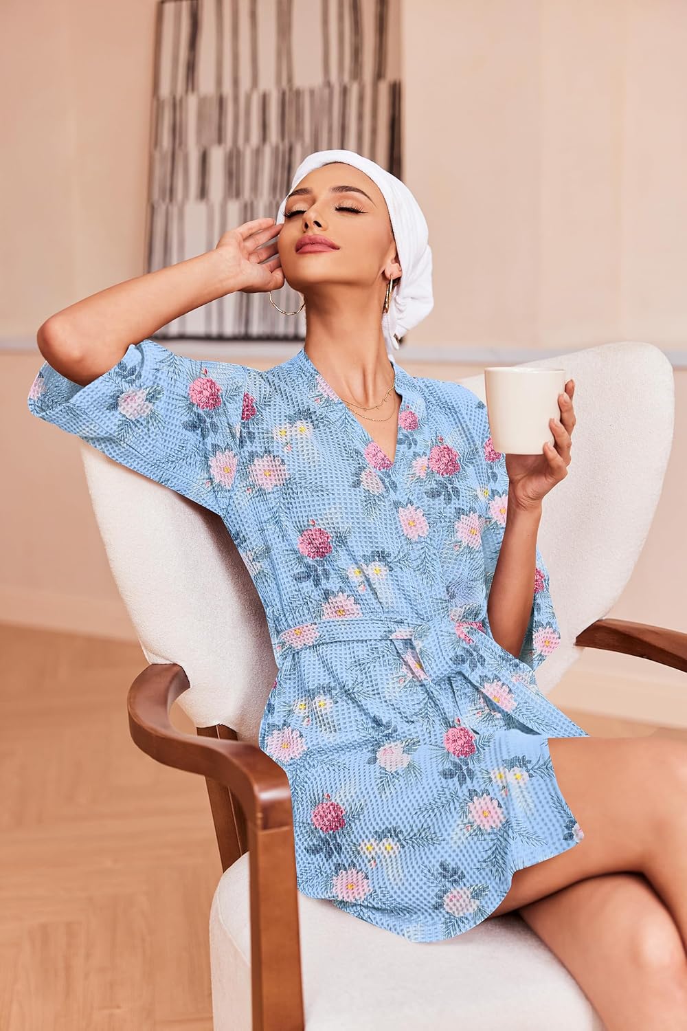 Ekouaer Robes for Women Waffle Knit Bathrobe Soft Lightweight Knee Length Loungewear S-XXL