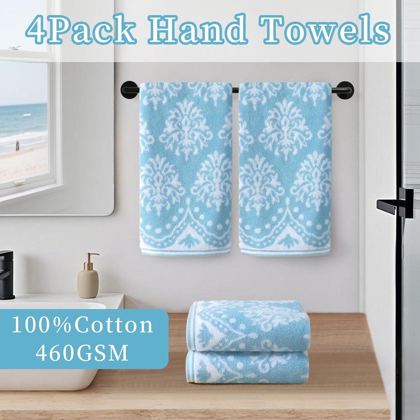 Hand Towels for Bathroom, Bath Hand Towel Set of 4, 16"x27" - 100% Cotton | Quick Dry | Soft | Light Weight | Absorbent, Jacquard Decorative Hand Towels Set, Aqua and White Damask Patterned