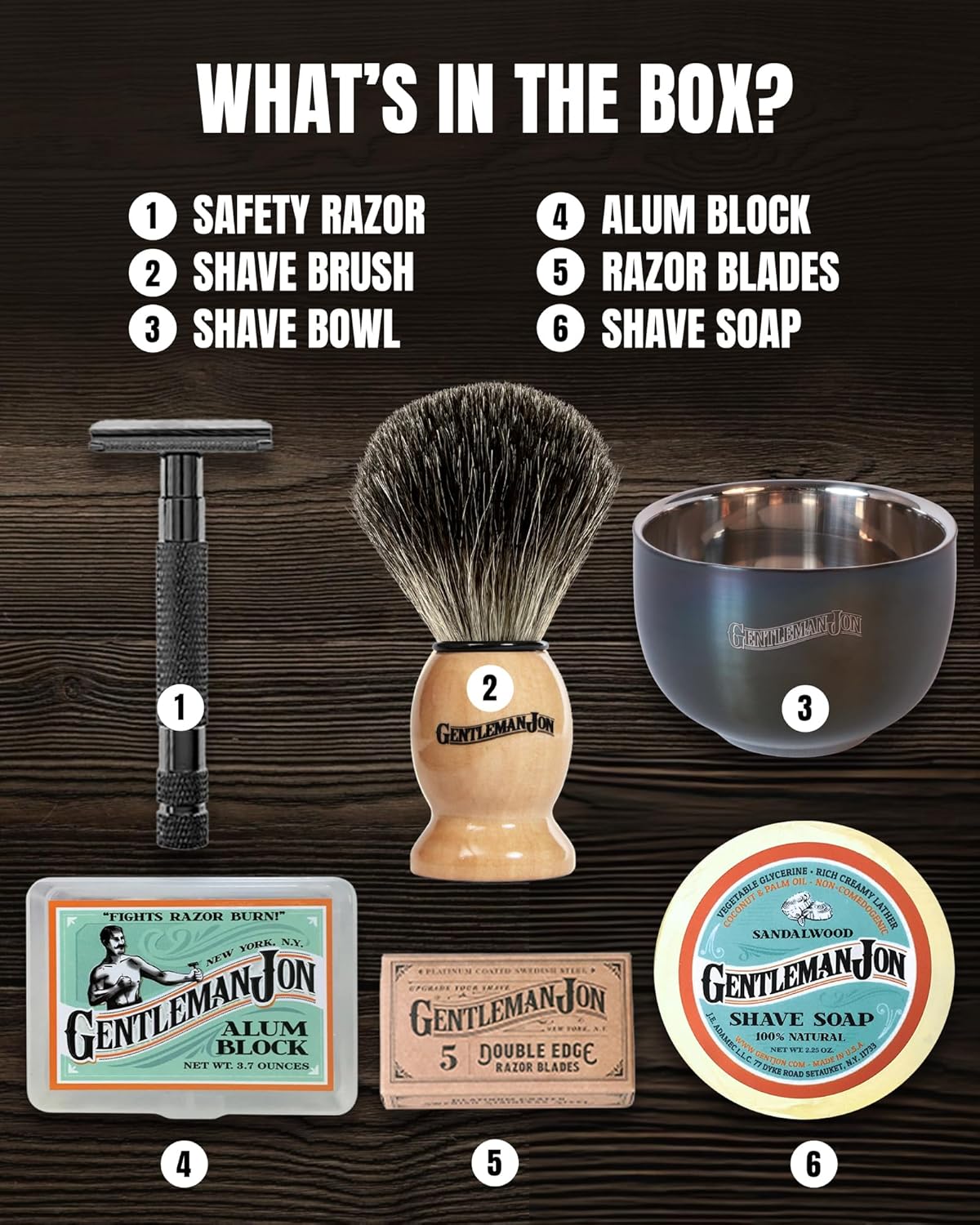 Gentleman Jon Safety Razor Shaving Kit | Vintage Wet Shave Grooming Set for Men - Includes: Safety Razor, Hair Shaving Brush, Alum Block, Shave Soap, Bowl & Double Edge Razor Blades