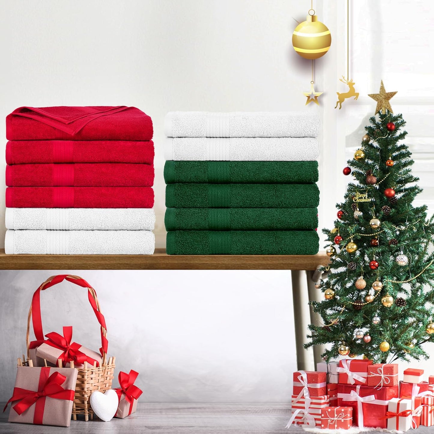 Ample Decor Hand Towels Set of 12 for Bathroom 100% Cotton 18 X 28 Inch 600 GSM Quick Drying - White, Red & Green
