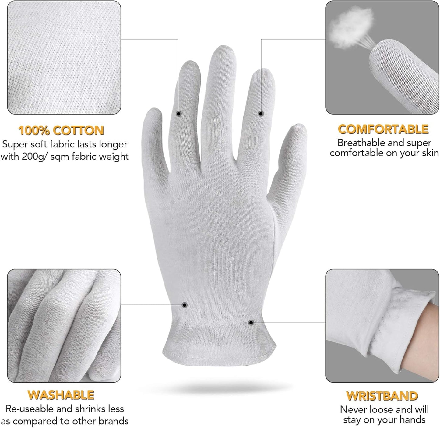 S Small 10 Pairs 100% Premium Cotton Gloves for Dry Hands | Moisturizing Overnight Gloves for Eczema, Psoriasis & Skin Spa Treatment for Women & Men | Washable & Reusable with Free Laundry Bag