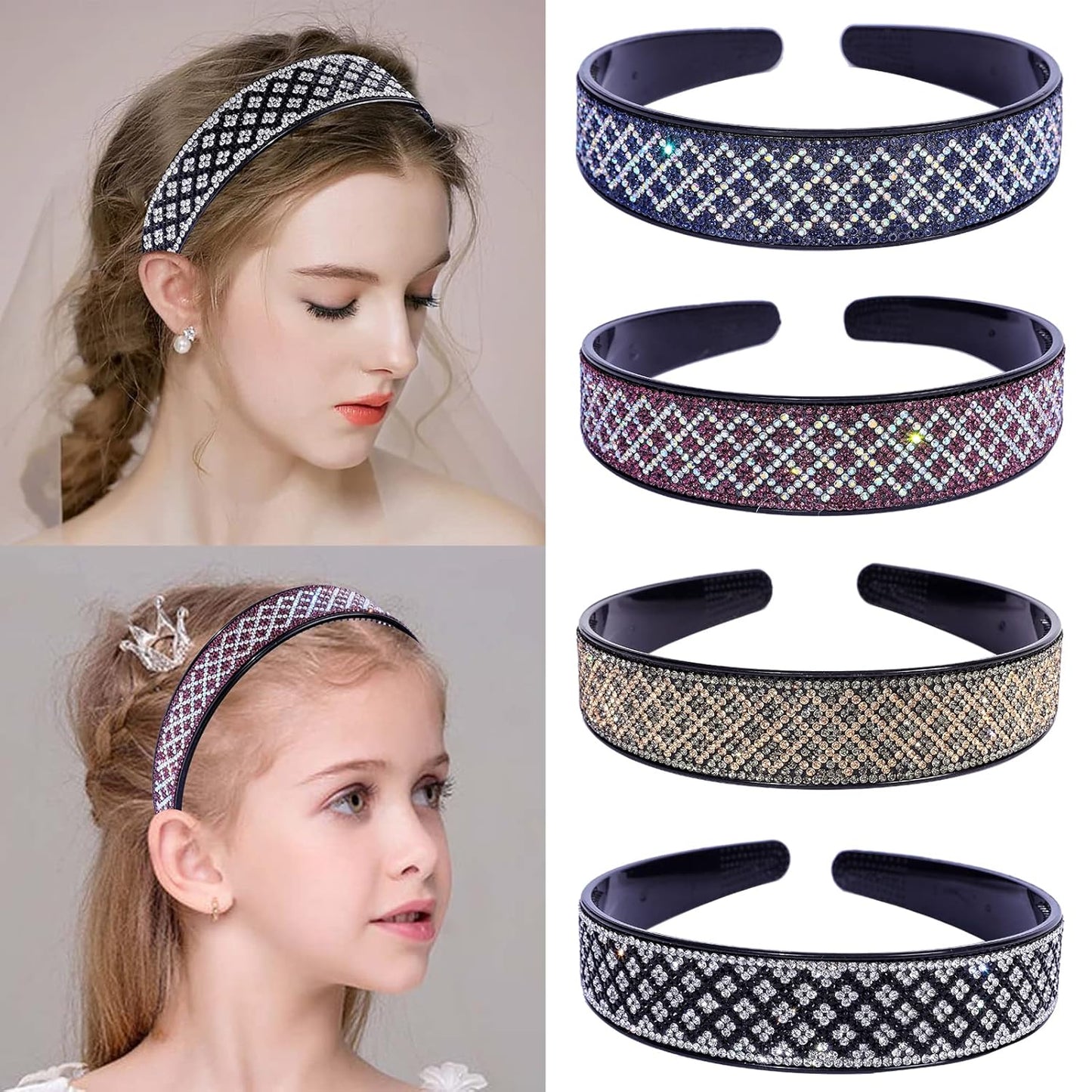 Sparkly Rhinestone Headbands for Women Girls,4PCS Check Crystal Headband Non Slip,Tooth Hair Bands Rhinestone Hair Hoop,Comfortable Daily Prom Party Head Accessories