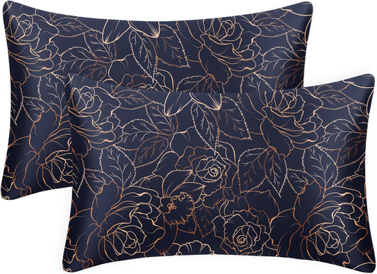 EXQ Home Satin Pillowcase for Hair and Skin- Rose on Blue Silk Pillowcase 2 Pack 20x26 inches - Standard Size Pillow Cases with Envelope Closure, Gifts for Women