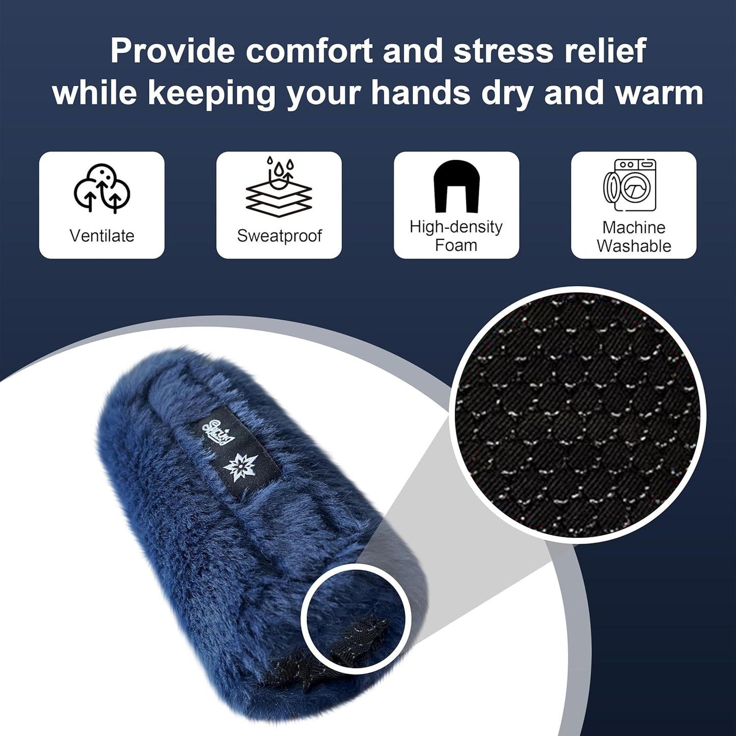 SPRING SEAON Walker Hand Pads Fluffy Walker Handle Cushions Non-Slip Universal Walker Grips Padded Hand Covers Soft Pads for Walkers for Seniors Walker Pads for Handles Folding Rolling Wheelchair, Rollator Handle, Elderly Grippers 2 Pack (Navy Blue)