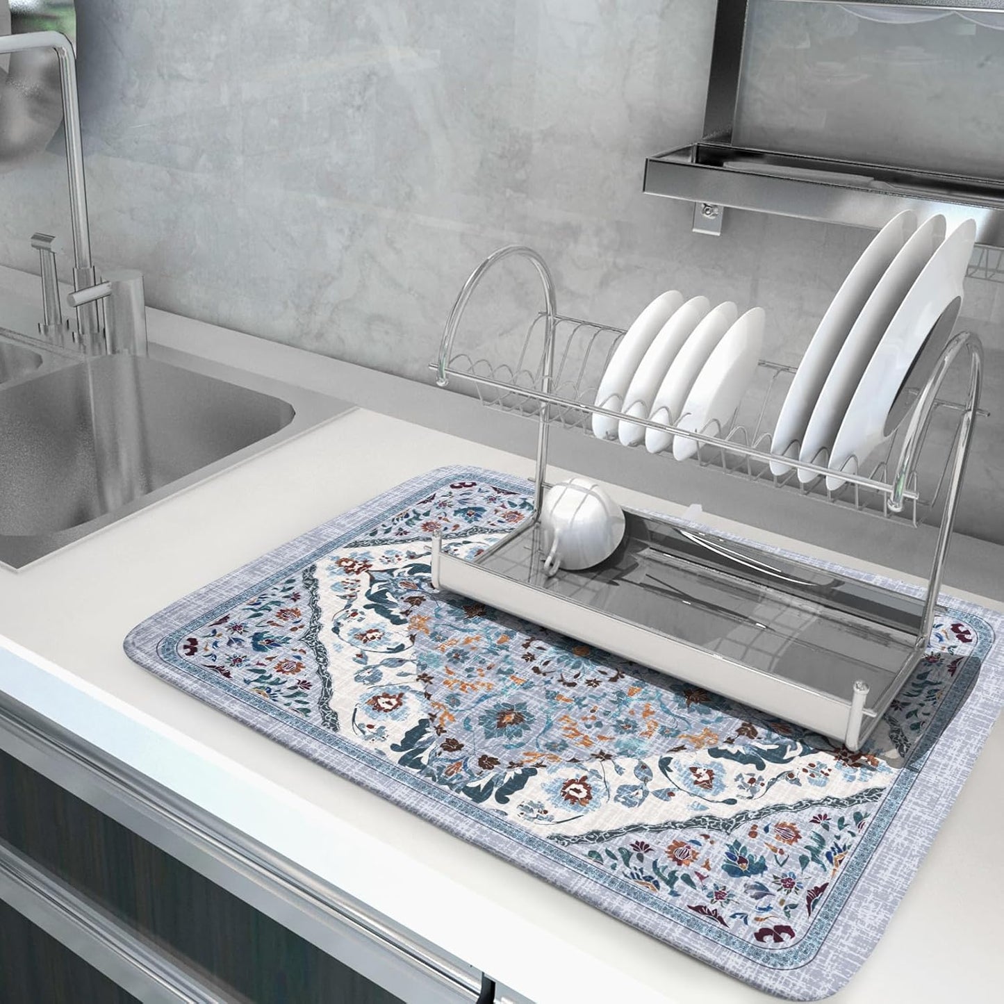 Boho Flower Dish Drying Mat Blue Bohemian Dishes Drainer Rack Mat 18x24 Inch Microfiber Kitchen Drying Pad for Countertop Tableware Decor