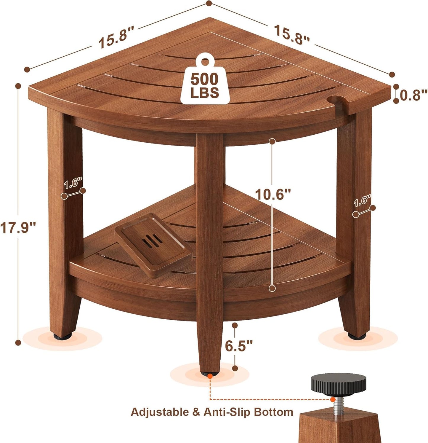 18" Teak Corner Shower Stool, Inside Shower Stool with Storage Shelf, Waterproof Teak Stool for Shaving Legs and to Sit On, 2-Tier Shower Stool,Adjustable Feet, Non-Slip, Brown