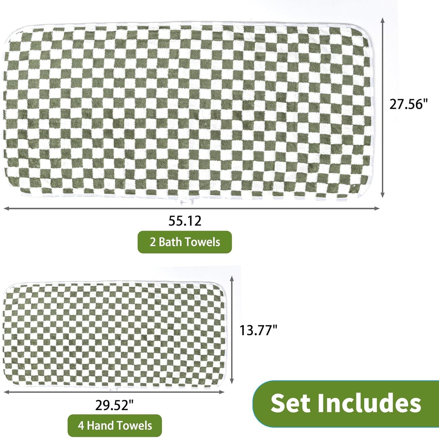 Checkered Bath Towels Set of 6 Large, Microfiber Shower Towels * 2 (55.12"*27.56"), Hand Towels * 4 (29.52"*13.77"),Towels for Bathroom、Pool、Hotel, Spa, Soft Absorbent Quick-Dry（Green）