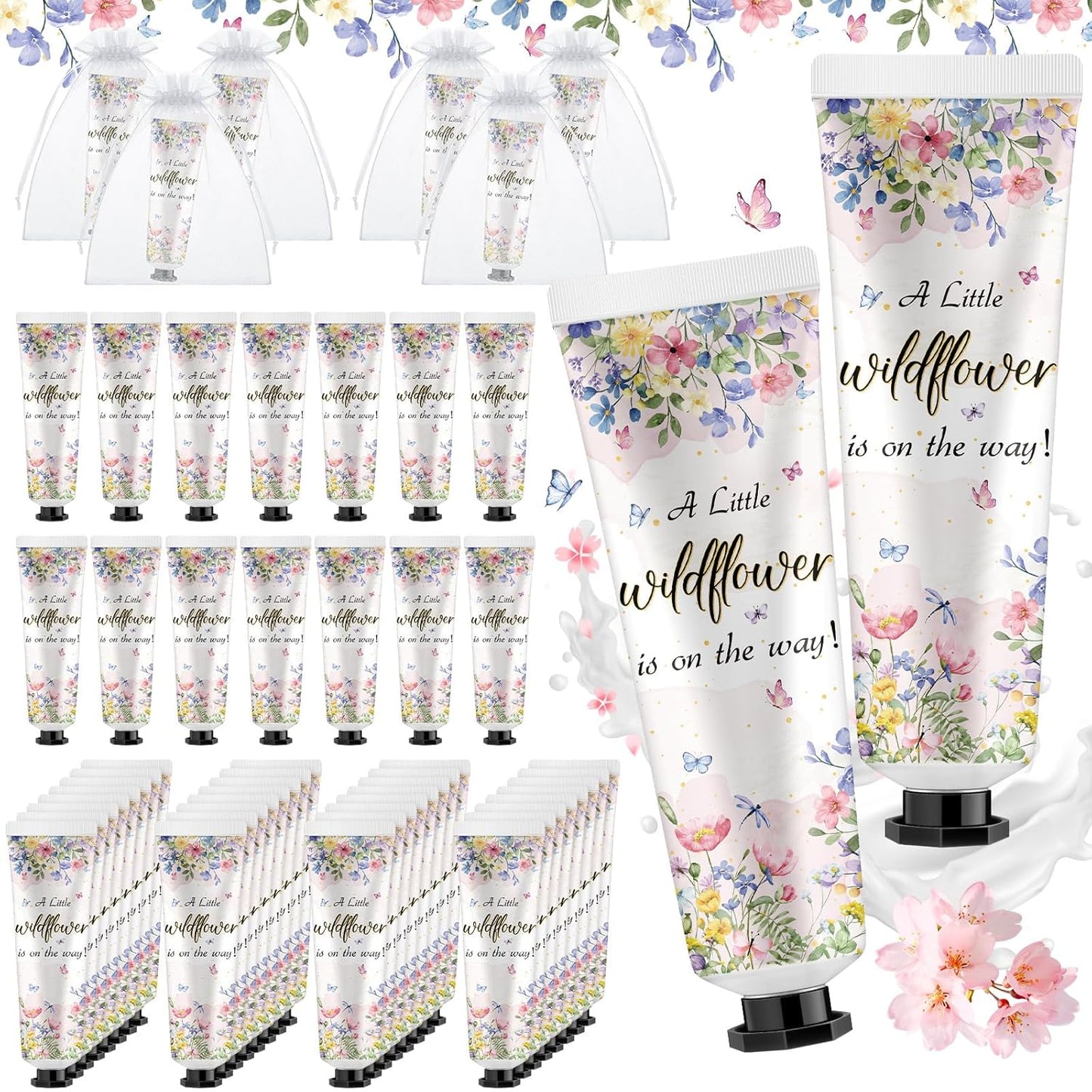 48 Sets a Little flower Is on The Way Baby Shower Hand Cream Bulk Baby Shower Favors Gifts Bridal Thank You Hand Cream for Guests Travel Size Lotion with Organza Bags