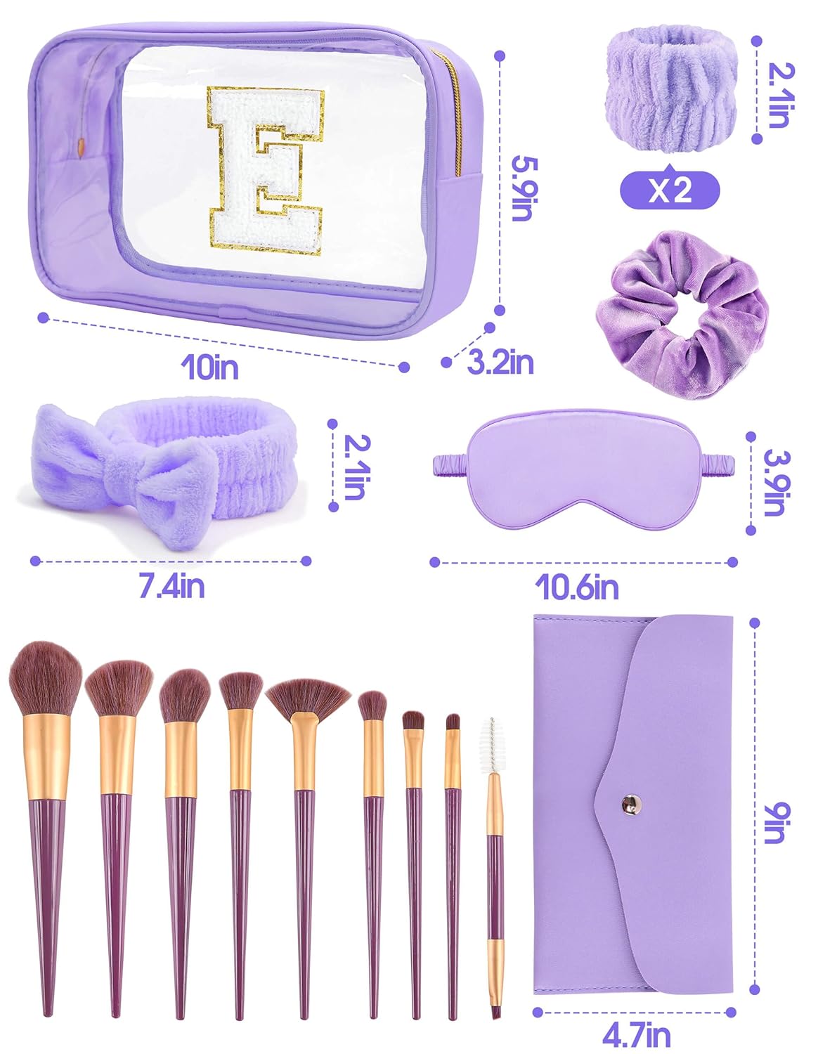Gift Sets for Women, Initial Makeup Bag with Makeup Brush Set Bachelorette Party Favors, Purple Spa Kit with Skincare Headbands Wrist Bands Sleepover Party Supplies Gifts for Teen Girls Bridesmaid E