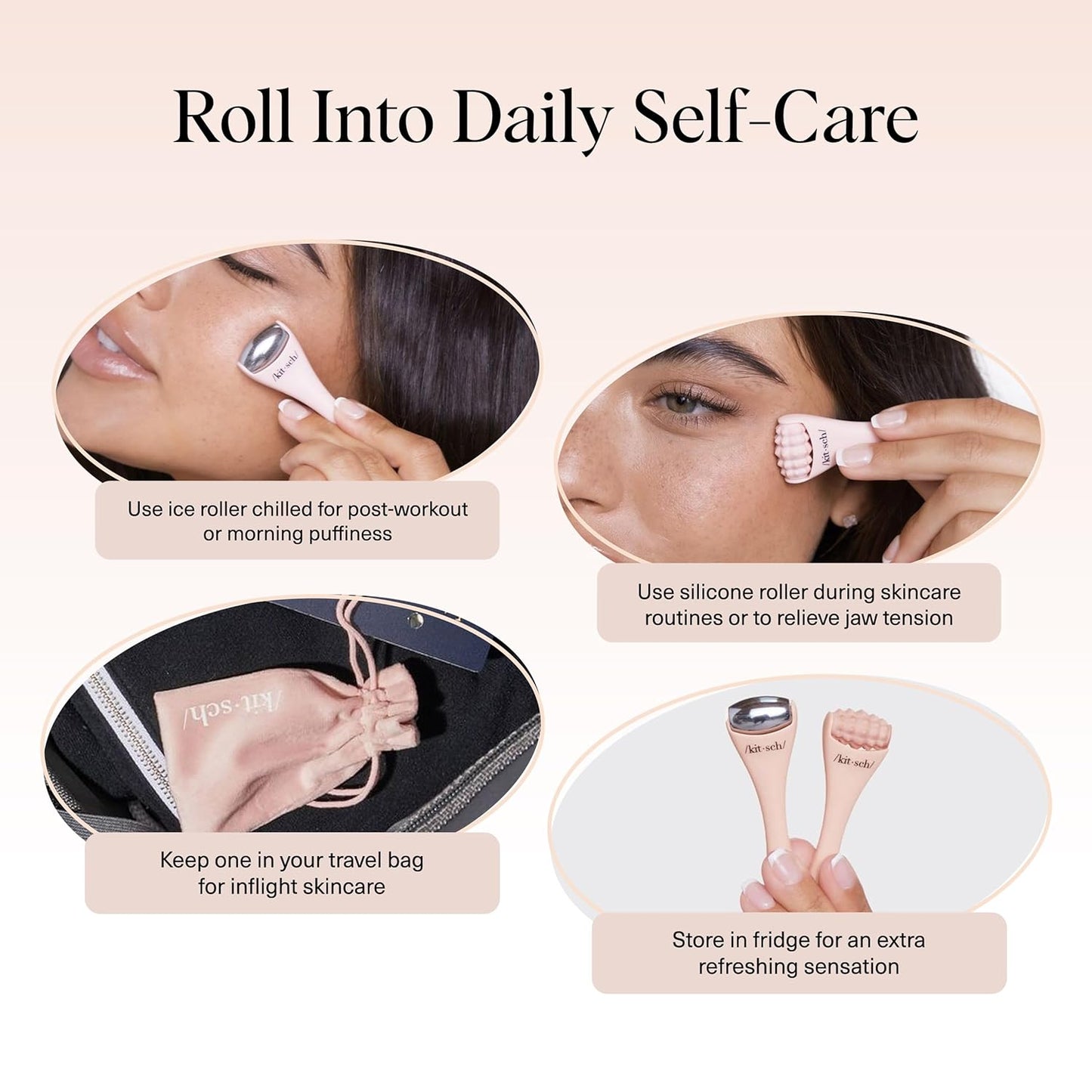 Kitsch Mini Facial Roller & Ice Face Roller Skin Care Tool Set for Women - Face Massager for Puffy Eyes, Cold Therapy, Lymphatic Drainage Massager, Self Care Gifts for Women & Men - Blush