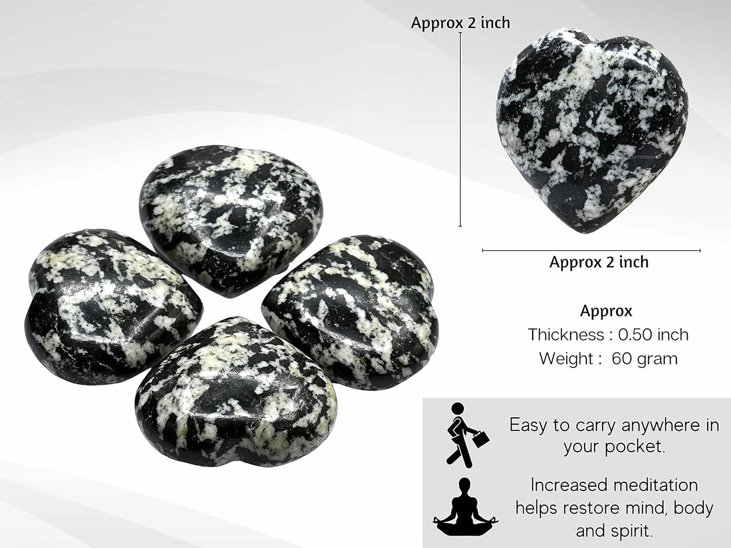 Black & White Tourmaline Crystal Heart Palm Stone - Pocket Massage Worry Stone for Natural Body Chakra Balancing, Reiki Healing and Crystal Grid