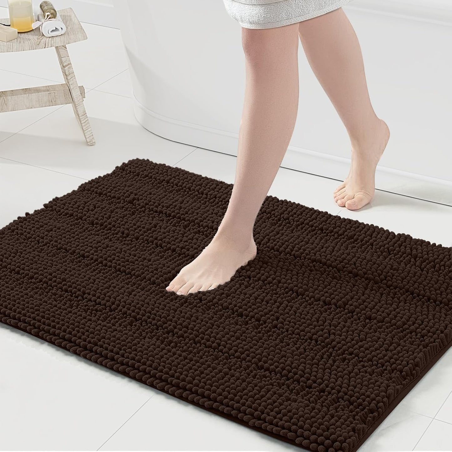 Grandaily Chenille Striped Bathroom Rugs 36x24, Extra Thick and Absorbent Bath Mats, Non-Slip Soft Plush Shaggy Shower Carpet, Machine Wash Dry, Bath Rug for Bathroom, (Large, Brown)