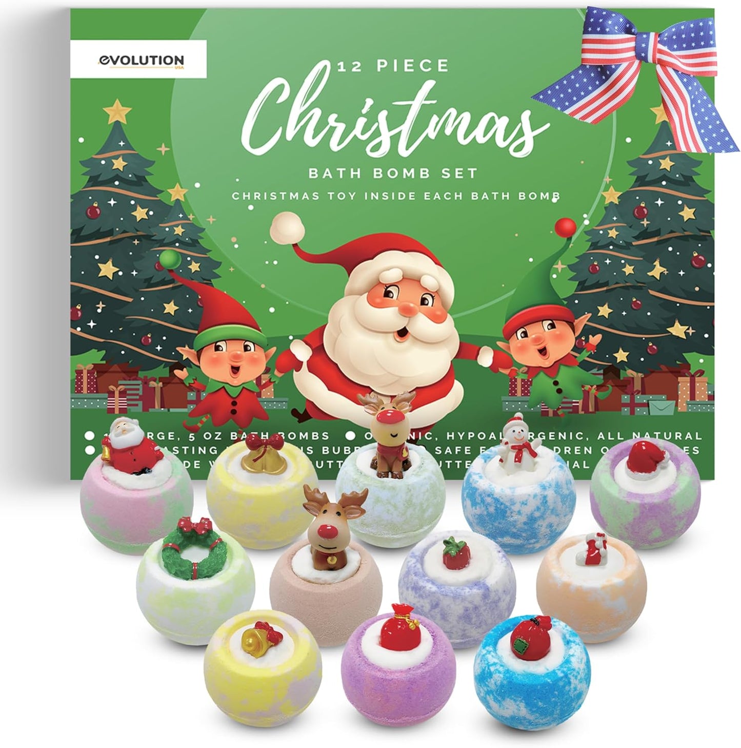 EvolutionUSA - Christmas Bath Bombs for Kids, Holiday Bath Bombs with Surprise Inside, Perfect Christmas Stocking Stuffers or Festive Holiday Bathombs Set, Natural & Hypoallergenic Bath Ball Set