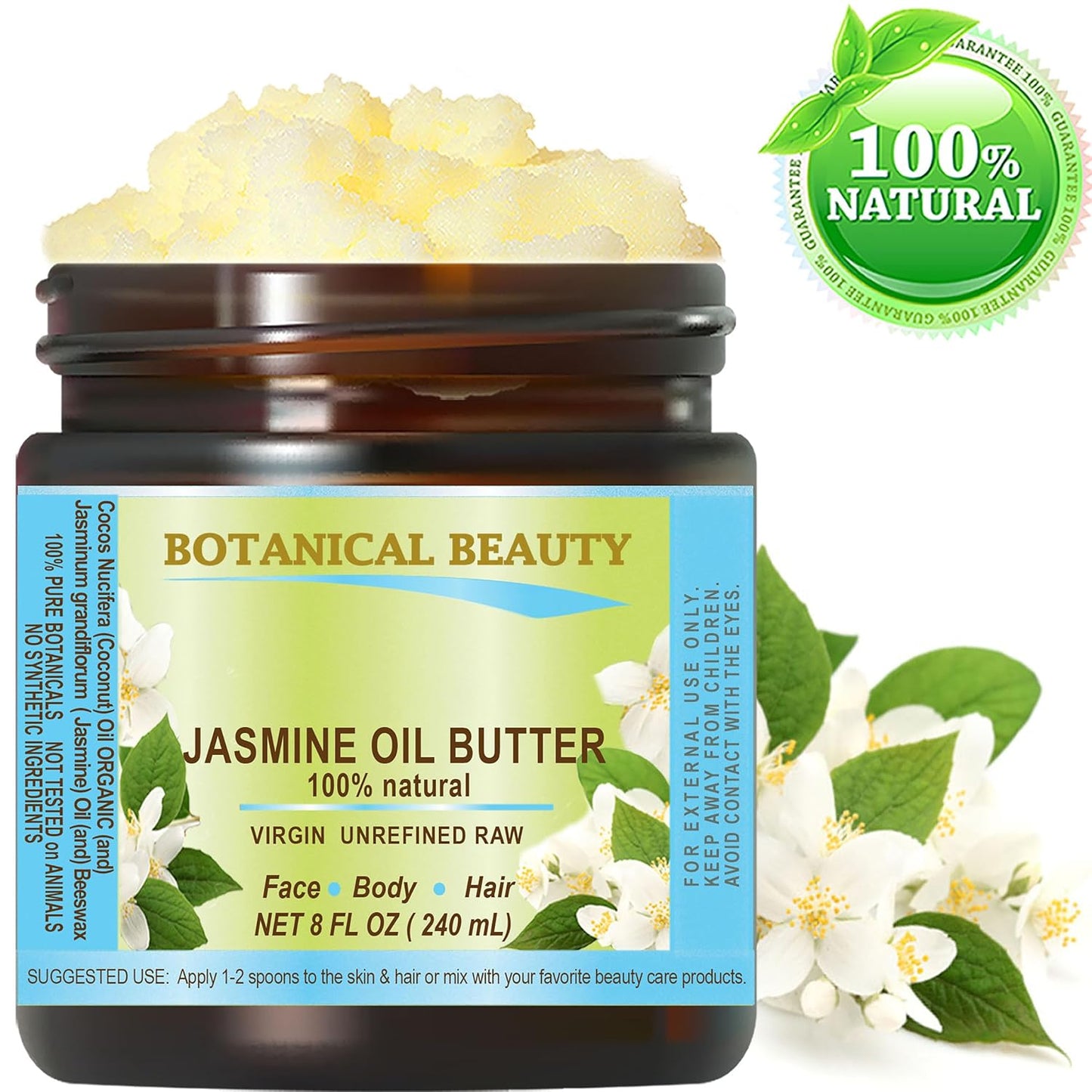 Botanical Beauty JASMINE OIL BUTTER Pure Natural Virgin Unrefined RAW for FACE, SKIN, BODY, DAMAGED HAIR, NAILS. (8 Fl Oz)