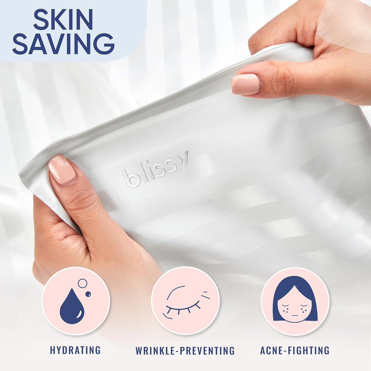 Blissy Silk Pillowcase - 100% Pure Mulberry Silk - 22 Momme 6A High-Grade Fibers - Silk Pillow Cover for Hair & Skin - Regular, Queen & King (White Striped, Standard)