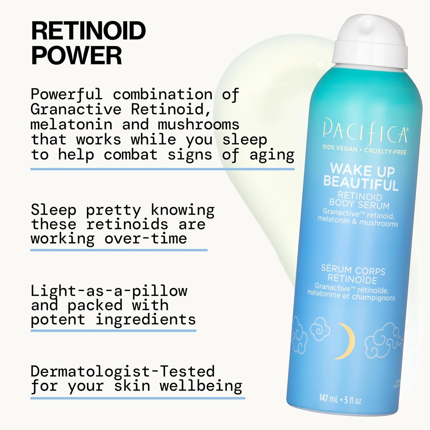 Pacifica Spray Lotion for Body - Wake Up Beautiful Body Serum – Overnight Retinoid Body Treatment, Spray-On Hydrating Serum with Granactive Retinoid, Mushrooms & Melatonin, Plumps & Renews Skin, Vegan