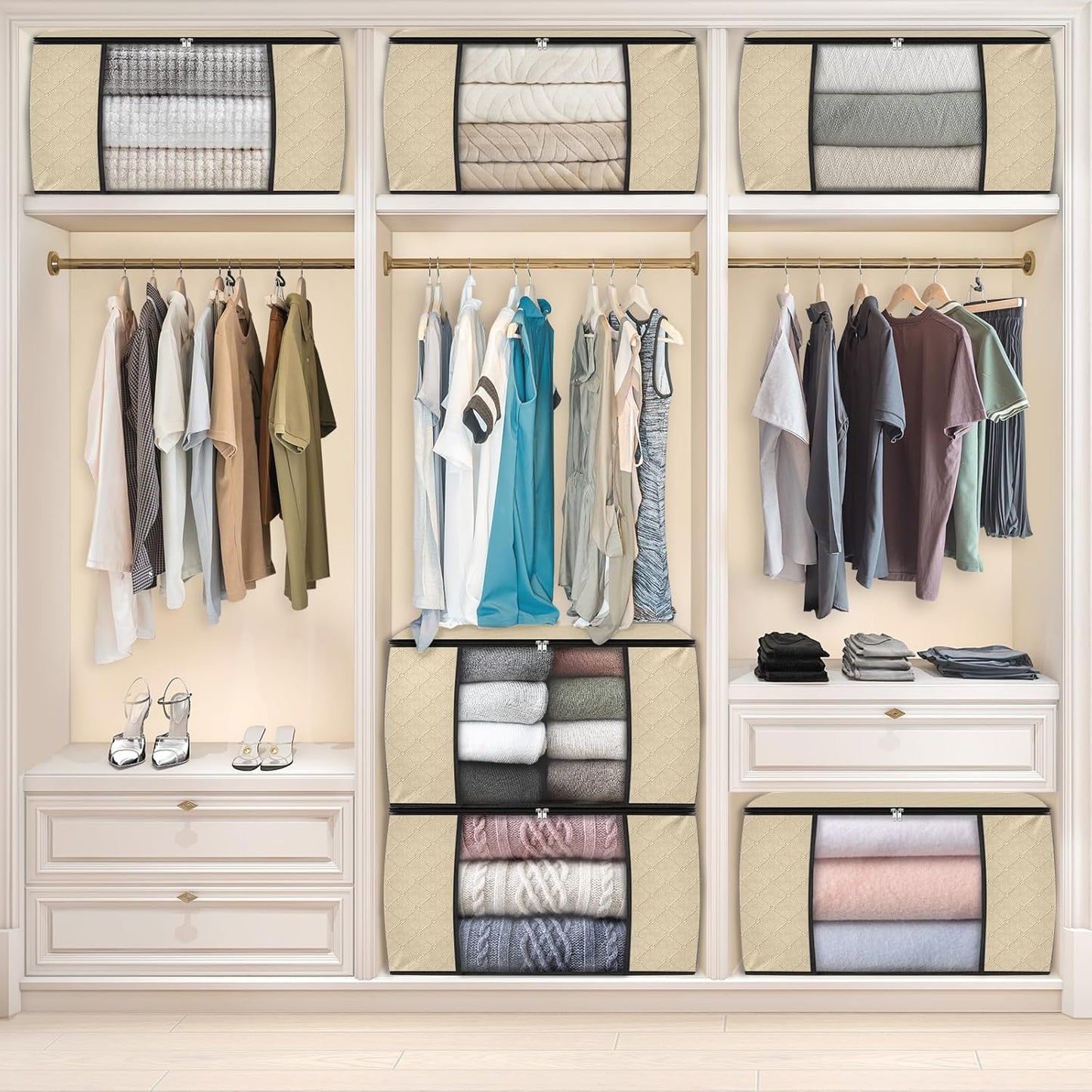 Fab totes 6 Pack Clothes Storage, Foldable Thick Fabric Blanket Storage Bags, Containers for Organizing Bedroom, Closet, Clothing, Comforter, Organization with Handle,Beige