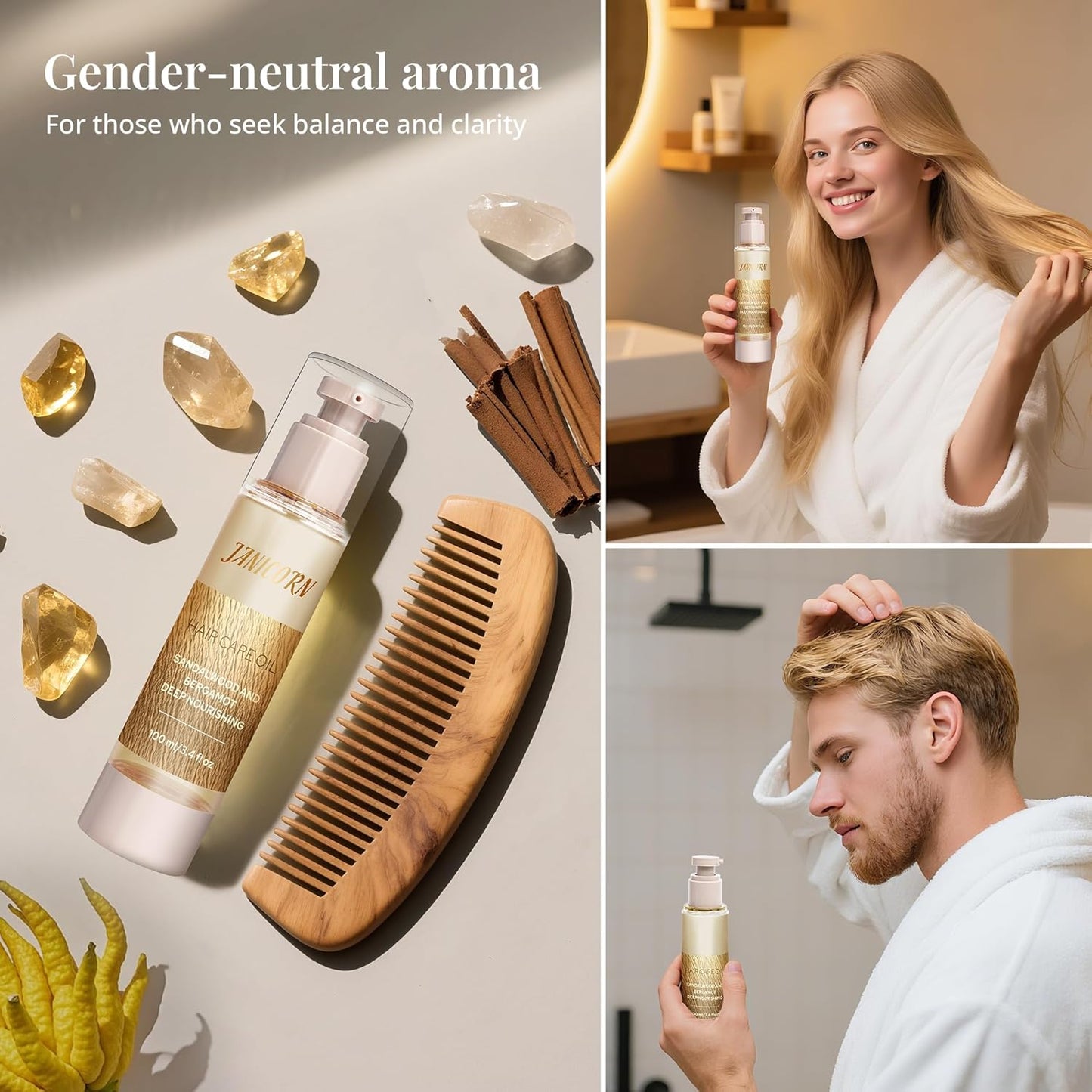 Leave-In Hair Oil with Sandalwood & Bergamot Essential Oils – Lightweight Frizz Control, Shine Enhancer & Heat Protection for Daily Hair Care – No-Rinse Oil, 3.4 fl oz (100ml)