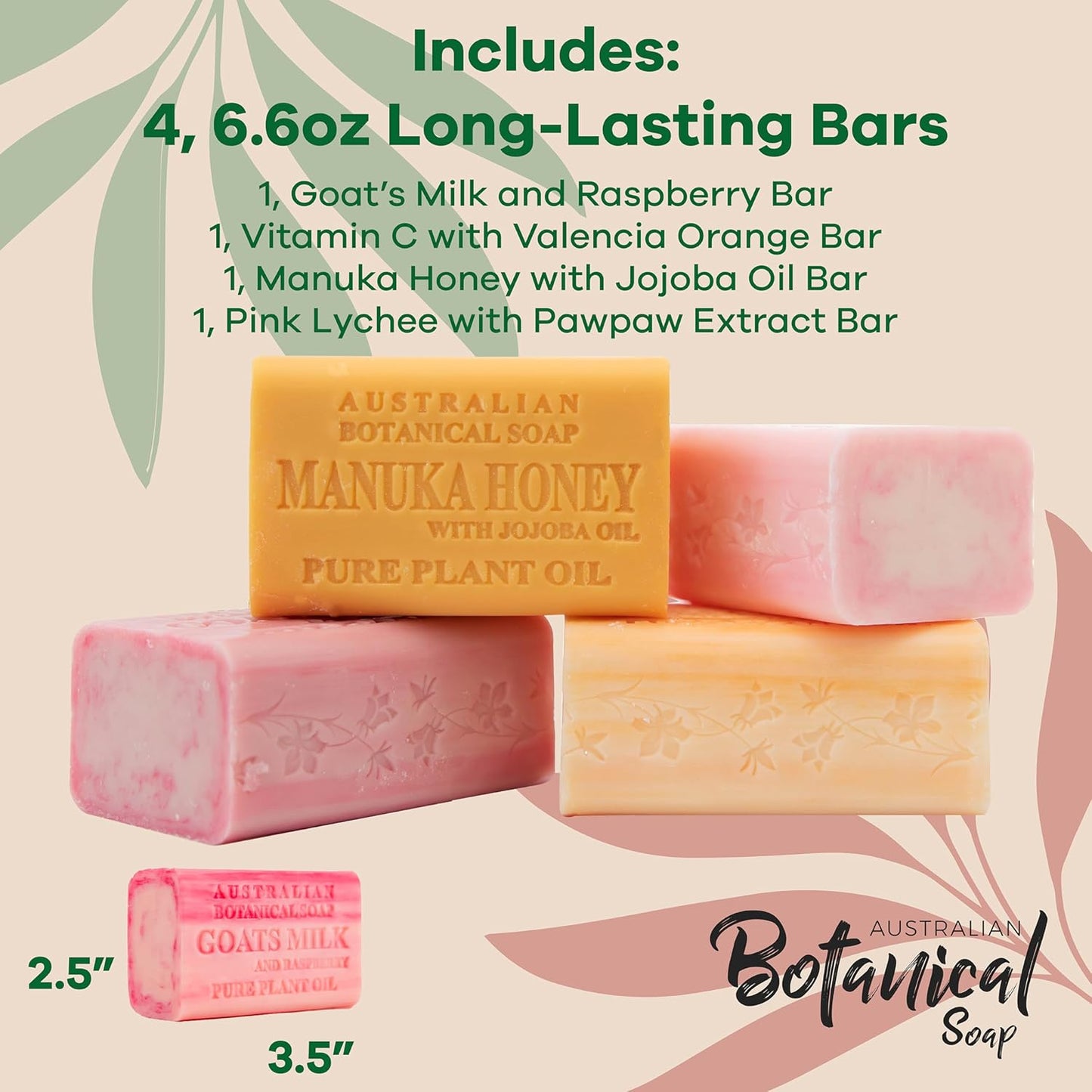 Australian Botanical Goats Milk Soap, Raspberry, Manuka Honey, Pink Lychee and Valencia Orange 6.6 OZ, Luxury Soap Bars Enriched with Shea Butter, Suitable for all Skin Types, Pack of 4