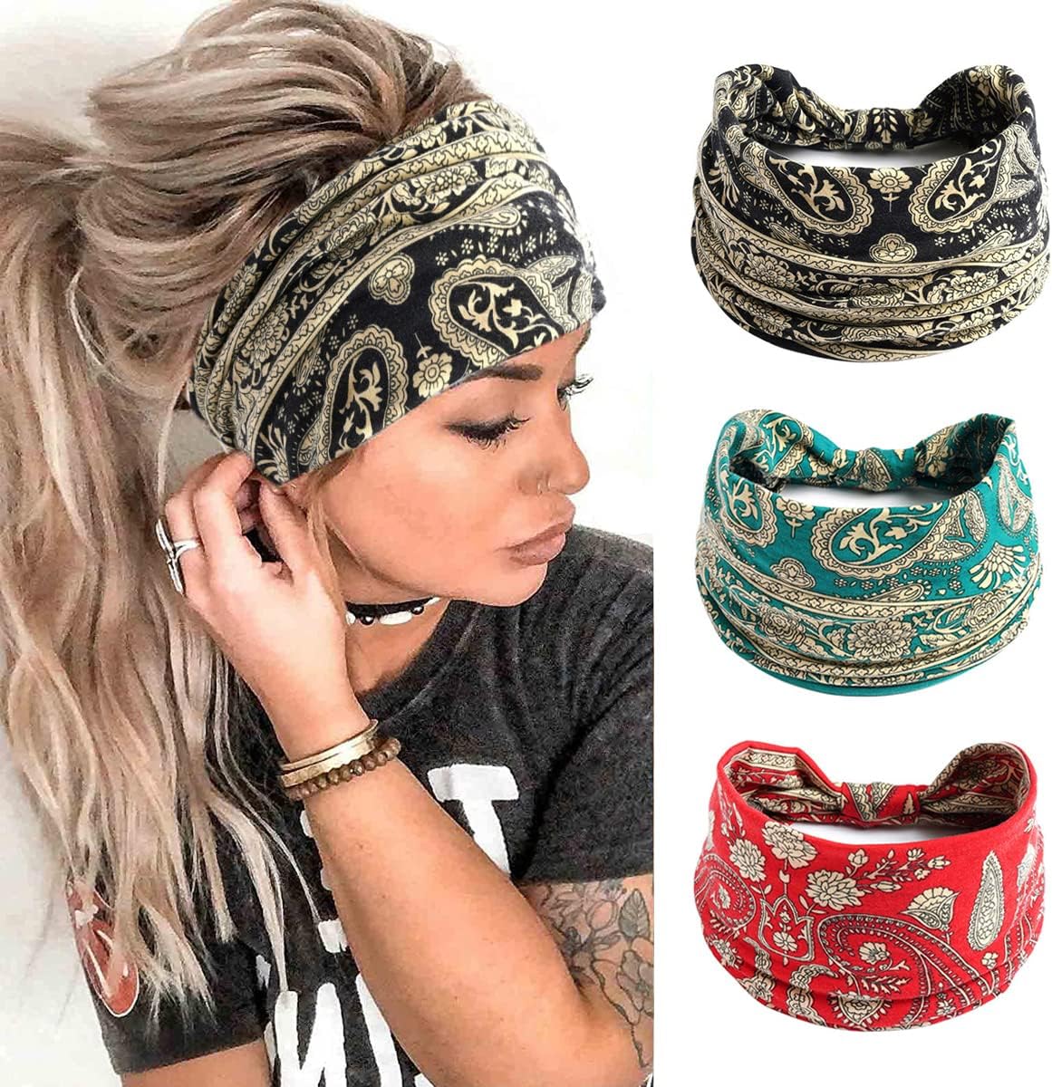 K-Elewon 3 Pack Women Wide Elastic Head Wrap Headband Sports yoga Hair Band