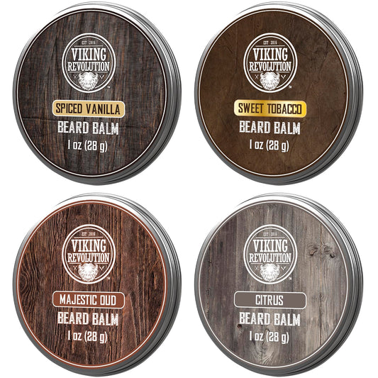 Viking Revolution 4 Beard Balm Variety Pack (1oz Each)- Spiced Vanilla, Sweet Tobacco, Majestic Oud, Citrus - Styles, Strengthens & Softens Beards & Mustaches - Leave in Conditioner Wax for Men