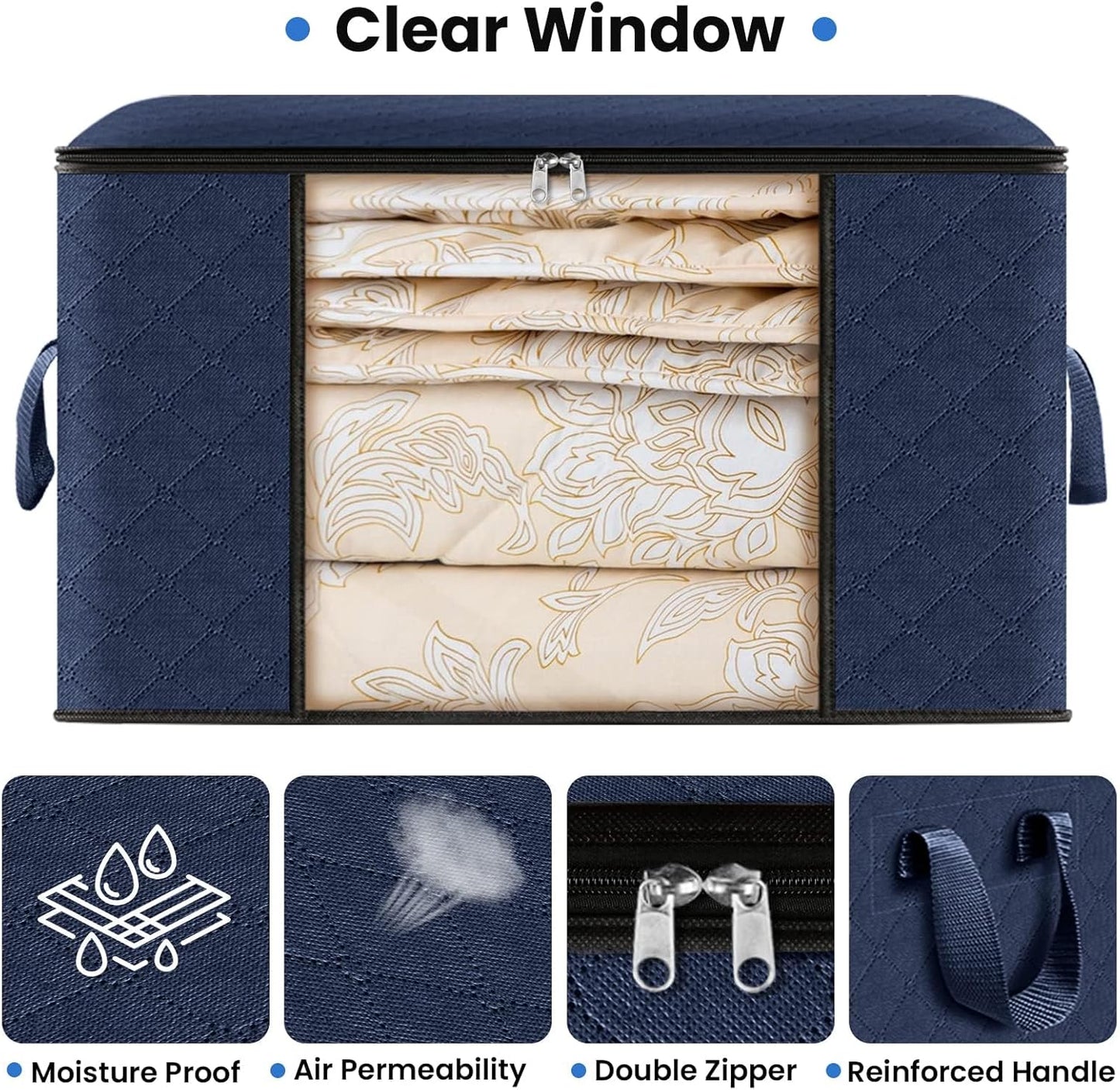 Fab totes 4 Pack Clothes Storage, Foldable Thick Fabric Blanket Storage Bags, Containers for Organizing Bedroom, Closet, Clothing, Comforter,Closet Organization with Handle,Blue