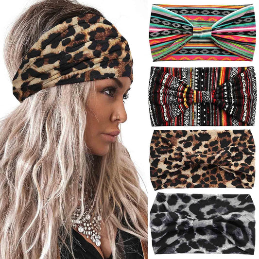 Acenail Wide Headbands for Women, 4 Pack Knotted Turban Headband, Non Slip Hairbands, Floral Workout Head Bands, Leopard Yoga Sweatbands, Cotton Hair Scarfs, Boho Head Wraps, Fashion Hair Accessories